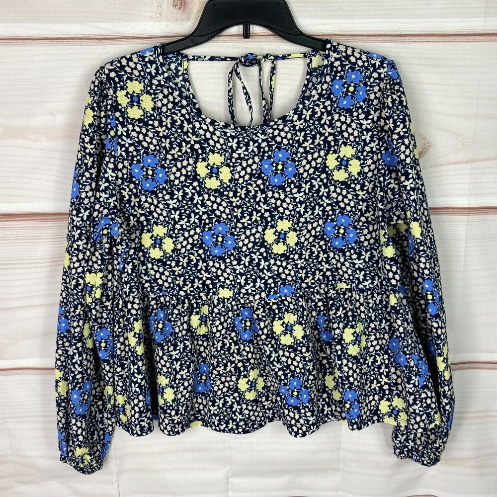 LOFT Top Women M Blue Floral Blouse Long Sleeve Peplum Pullover Tie Back Texture